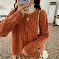 korean fashion cardigan sweater women single breasted o neck long sleeved knitted jacket lady cropped tops jumper