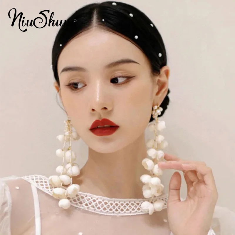 

NiuShuya Exaggeration Elegance Flower Dangle Drop Earrings For Women Ladies Handmade Beaded Bridal Earrings Jewelry
