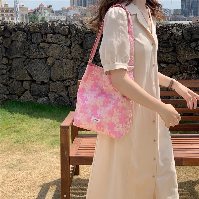 

Женская Холщовая Сумка-тоут через плечо, японские маленькие дамские сумочки с цветами, Экологически чистая продуктовая сумка, Повседневная...