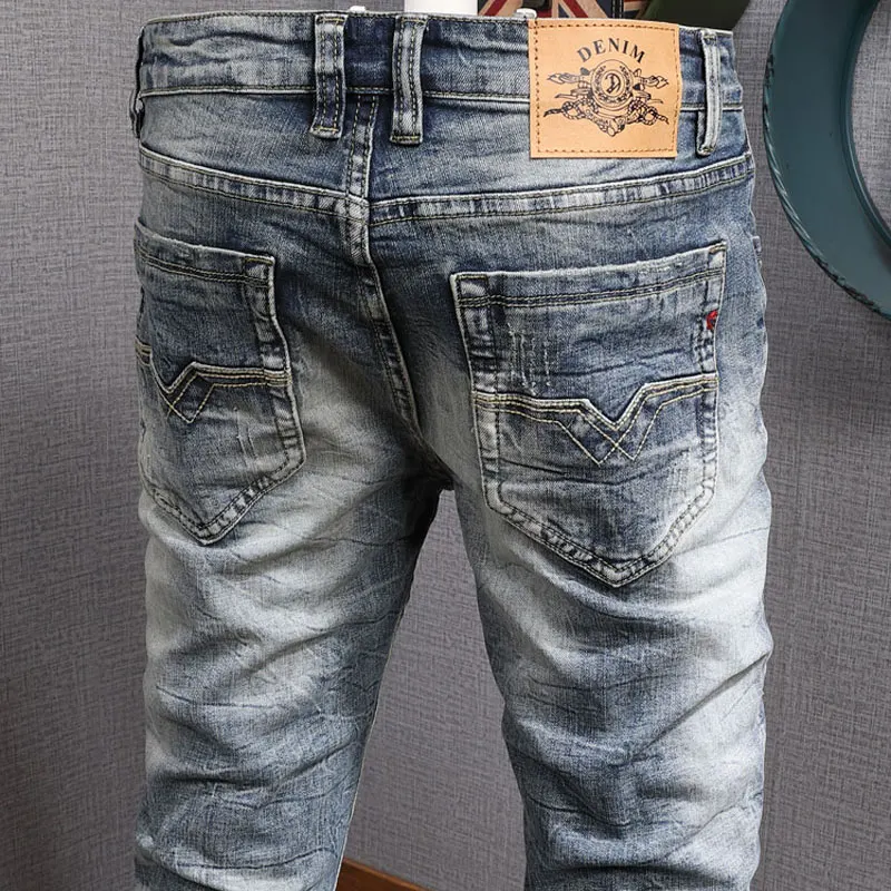 European American Vintage Fashion Men Jeans Retro Blue Elastic Slim Fit Ripped Jeans Men Distressed Designer Casual Denim Pants