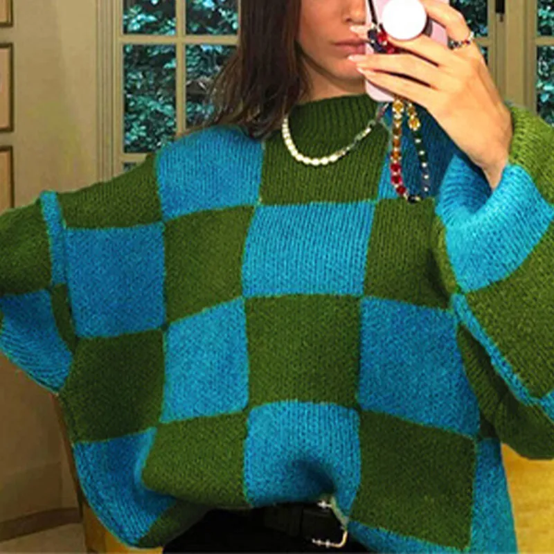 

Sweater Woman Plaid Knitted Oversized Pullovers Female Autumn Winter 2021 Korean Version Loose Round Collar Long-sleeved Tops