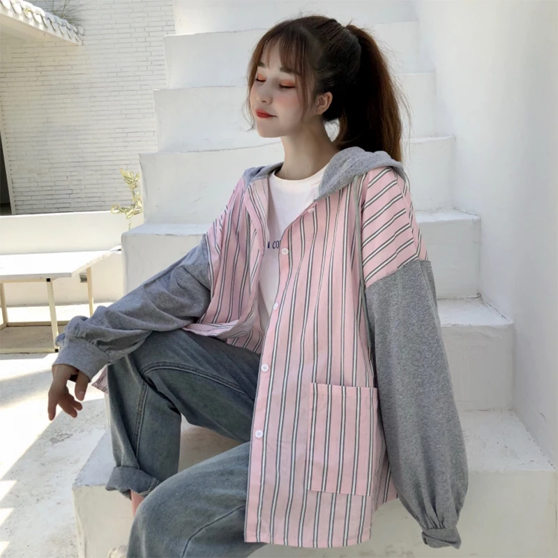 

Striped Patchwork Hooded Blouse Women Autumn Long Sleeve Pockets Blouse Outwear Coat Fake Two Piece Vertical Stripes Blouse