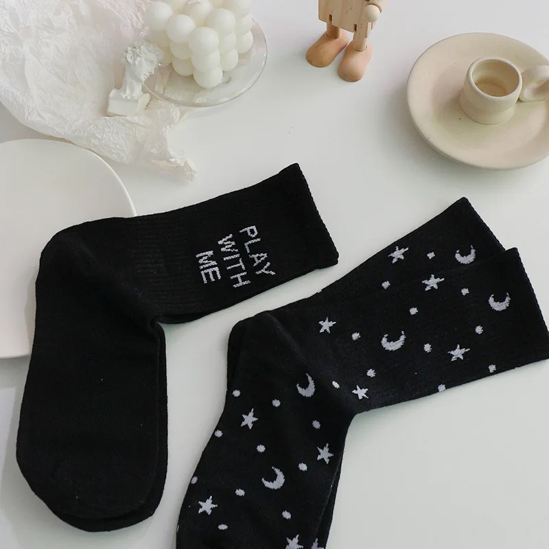 

Sports Women's Socks Star Moon Print Cotton Socks "Paly With Me" Letter Harajuku Socks Hip Hop Skateboard Sox