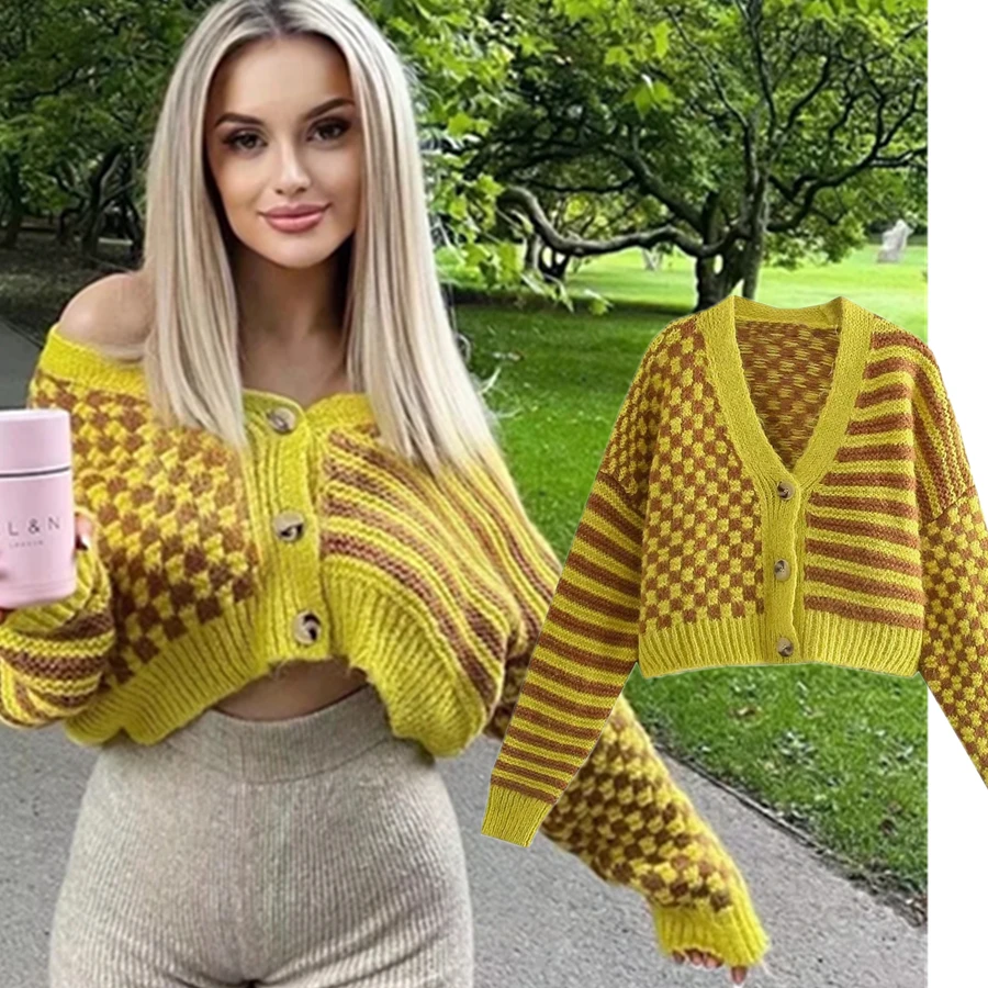 

Withered Winter Cardigans Women Ins Fashion Blogger Vintage Single Breasted Jacquard Weave Patchwork Sweaters Women Short Tops