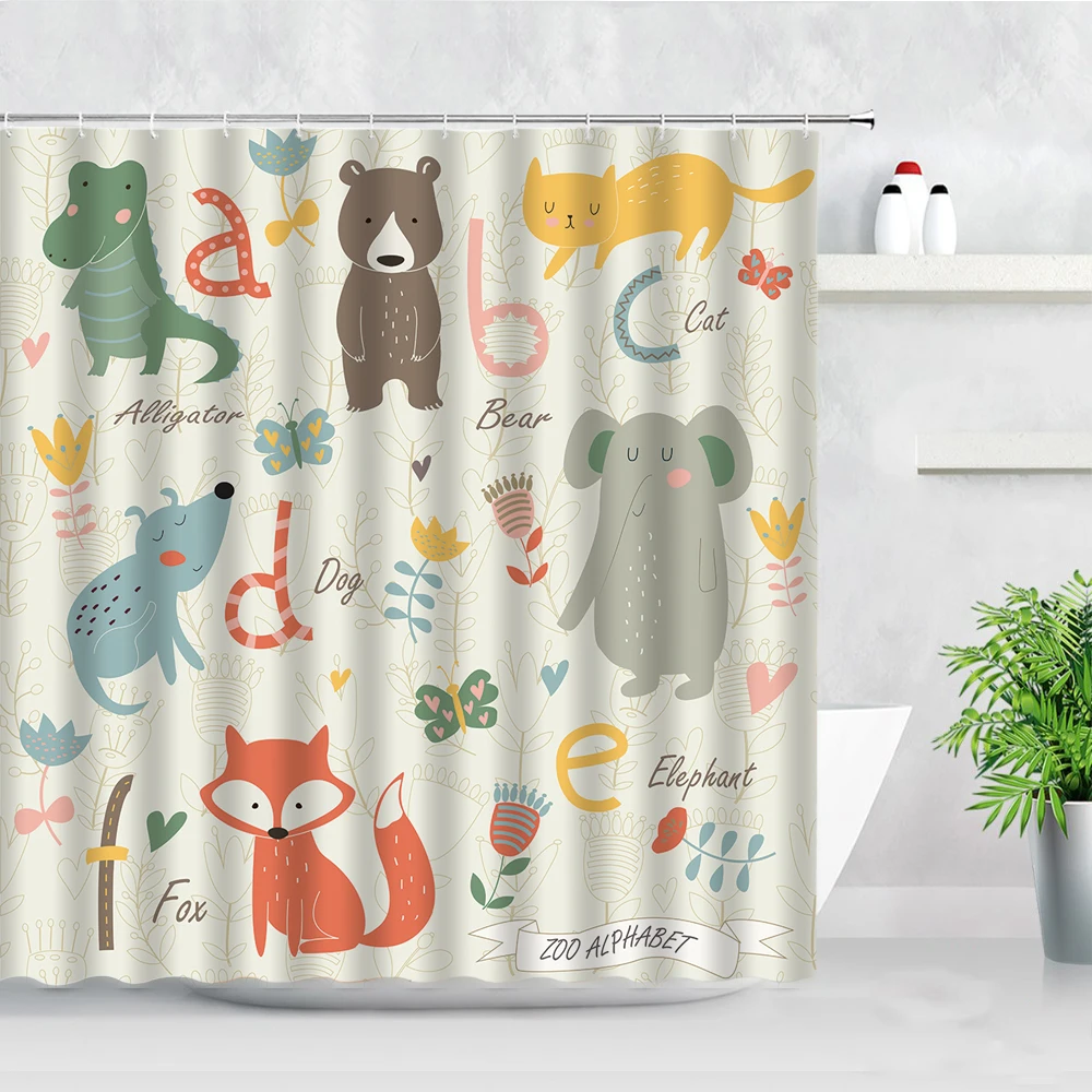 

Cartoon Animals Shower Curtains Hand Painted Whale Alpaca Elephant Cactus Printing Children Bathroom Decor Kids Bath Curtain Set