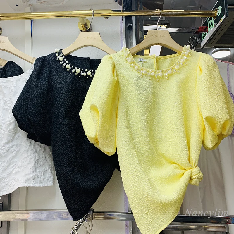 Pull À Manches courtes Chemise Femmes Mode Perle Perlée Col Rond Jacquard Haut D'été Dame Blouse Couleur uni Blusas Nancylim