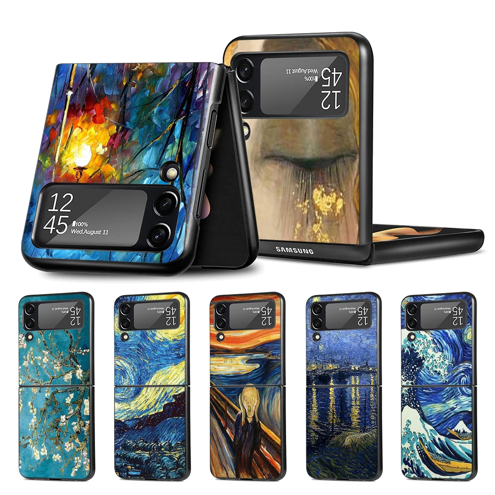 Paintings Starry Night Van Gogh Case for Samsung Galaxy Z Flip3 5G Flip4 Black Hard Cell Phone Cover Z Flip 4 3 PC Shell Zflip3