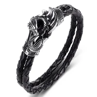 double braided leather hand bracelet men stainless steel flying dragon bangles punk hip hop jewelry male wristband gifts p549