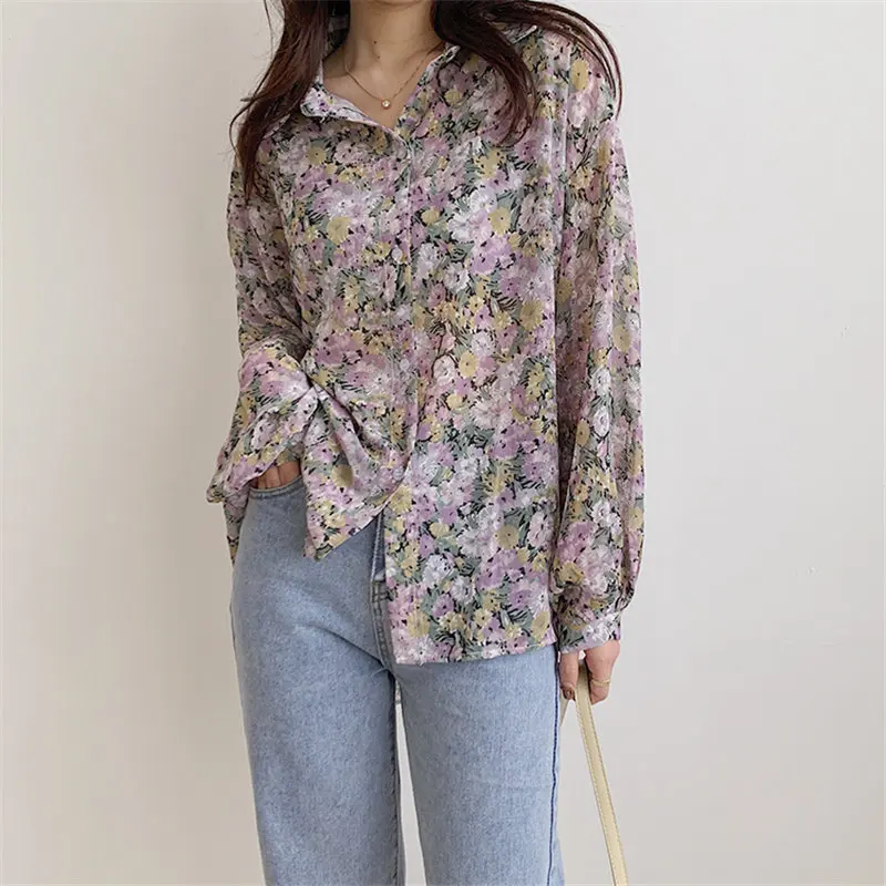 

2021 Kurze Blumen Shirts Vintage Lose Volle Hülsen OL Neue Sommer Mädchen Büro Dame Große Größe Mädchen Chiffon Blusen