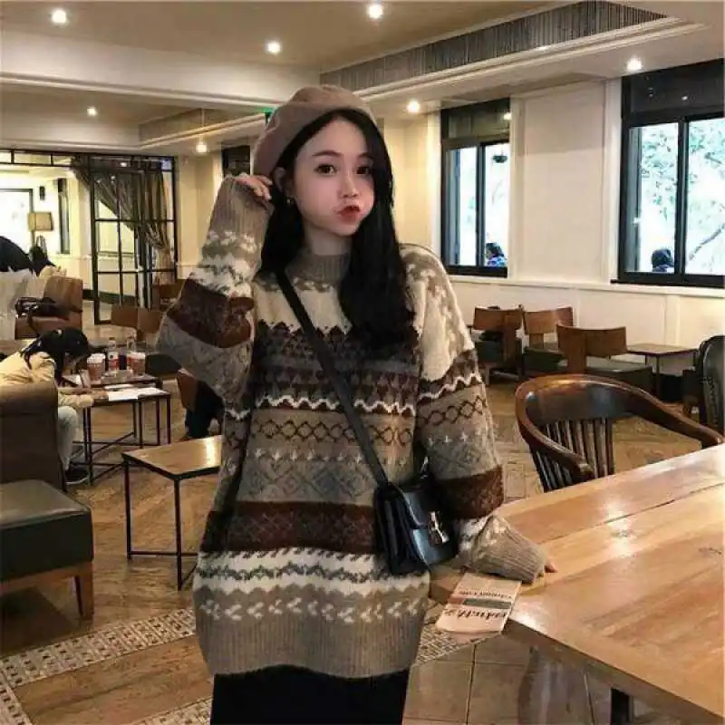 

Женский вязаный свитер в полоску, повседневный Свободный пуловер в винтажном стиле, зима 2021