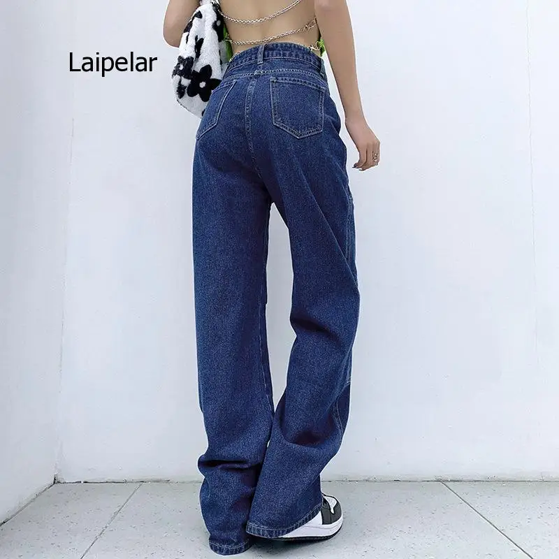 Blue Straight Jeans Women Vintage Cargo Denim Pants Fashion Low Waist Harajuku Patchwork Stitched 90S Aesthetic Baggy 2021