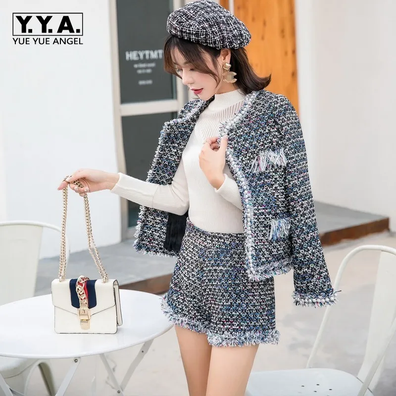 Brand New Women 2pcs Set Tweed Jacket Pearls Office Ladies Slim Fit Twill Outfits Suit Hot Shorts Tassels Business Work Suits | Женская