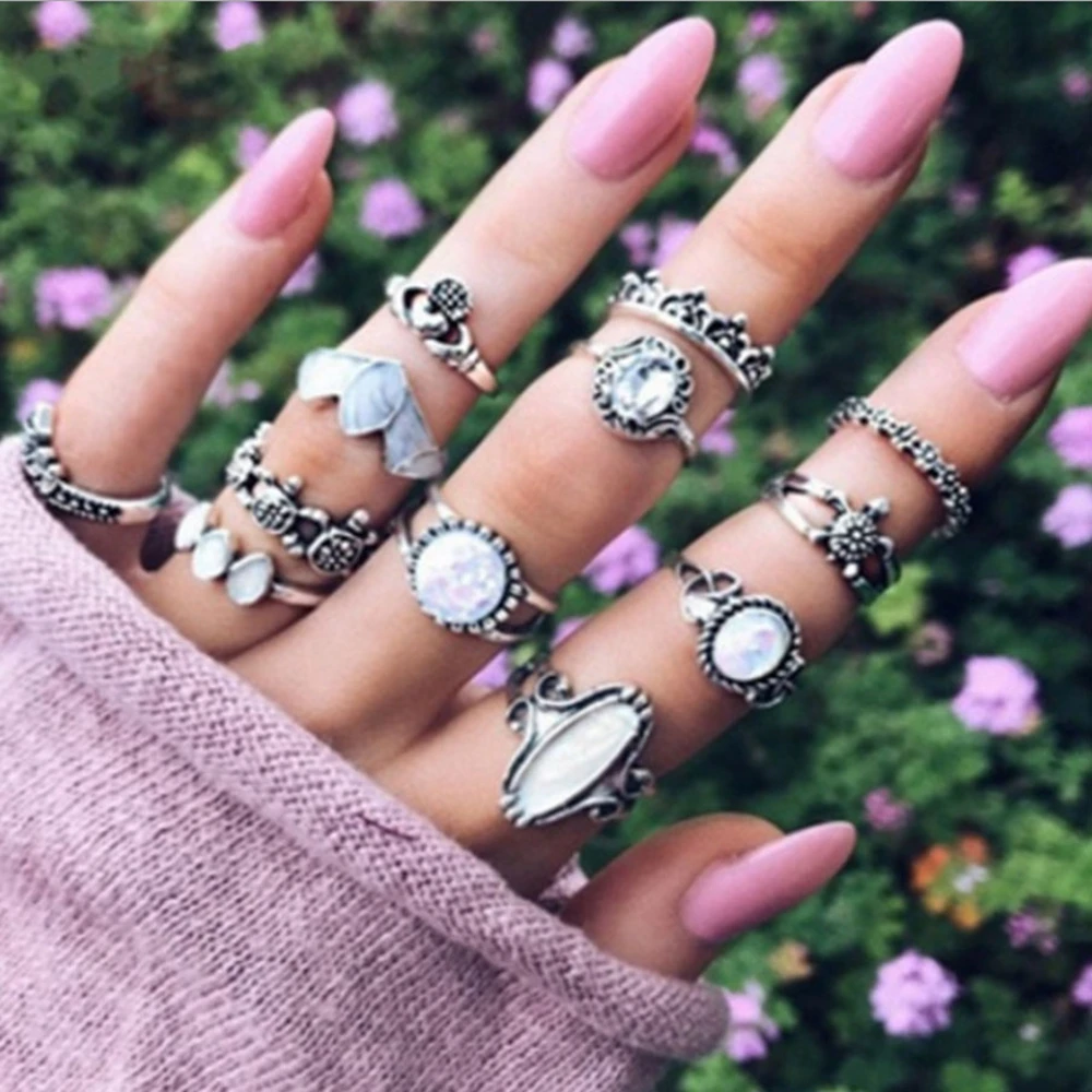 12 шт./компл. Ретро Винтажные Резные красочные кольца с кристаллами