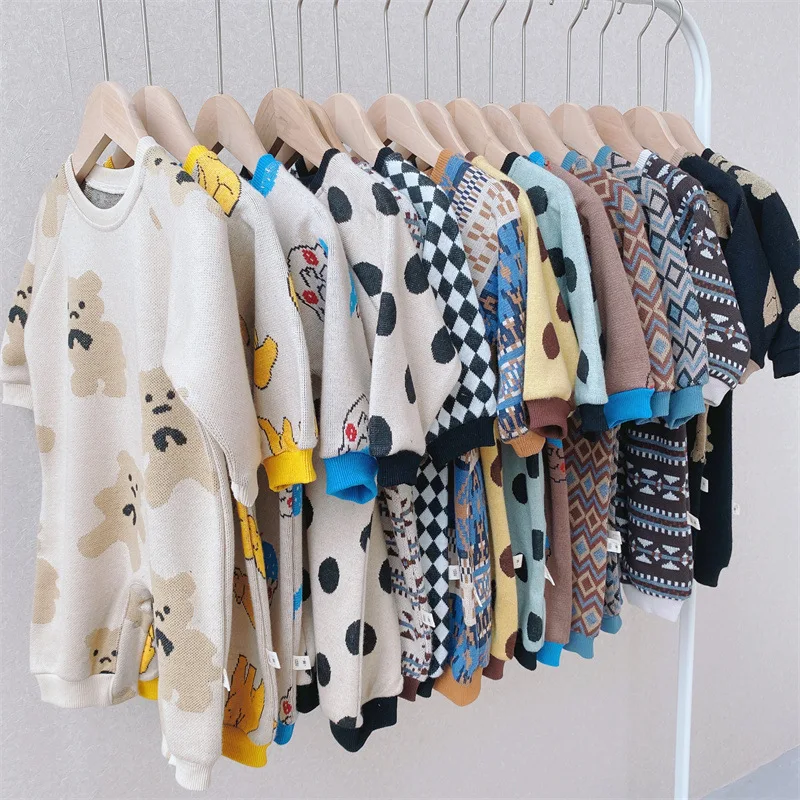 Baby Knited Rompers Baby Autumn and Winter Warm Clothes Cartoon Print One-piece Jumpsuit Long Sleeve Newborn Toddler Jumpsuits