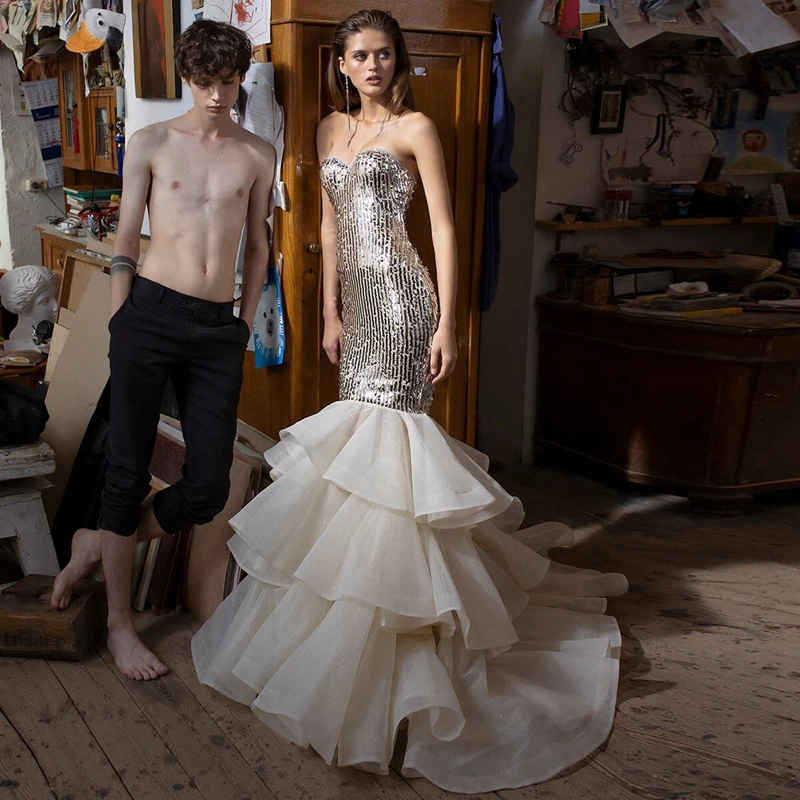 

Женское платье-Русалка с длинным шлейфом, белое платье из органзы с блестками и оборками, элегантное платье невесты