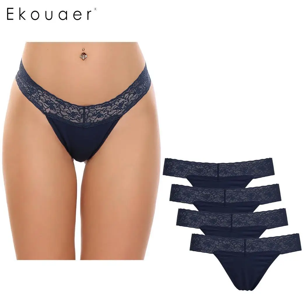Ekouaer/4 шт., женское мягкое белье, трусики, комплект с кружевной отделкой, стринги, хлопковые трусы, нижнее белье, интимное бесшовное сексуальное нижнее белье s-xxl