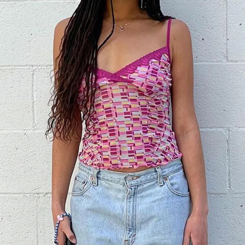 

90s Vintage Cute Lace Trim Cami Top Chic Women Plaid Print Y2K Aesthetic Summer Crop Top Sleeveless V-neck Sexy Tanks Vest