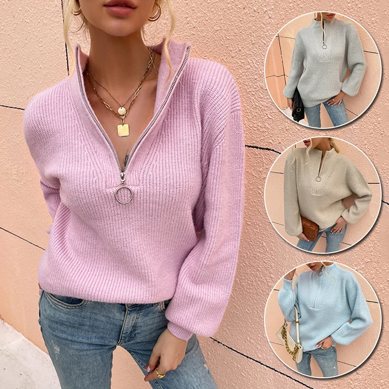 

2021 Autumn Winter Thick Sweater Oversize Zipper Knitted Pullover Long Sleeve Solid Color Loose Ladies Sweaters Jumper Soft Warm