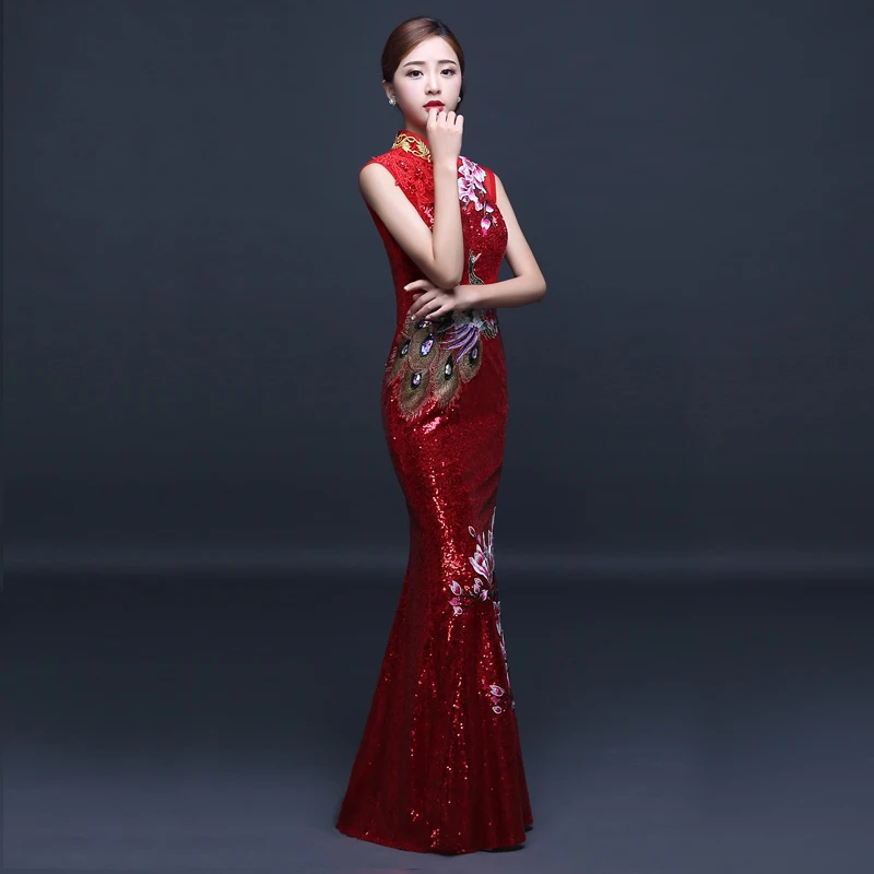 Темно-красный Для женщин Русалка Cheongsam Длинные вечерние платья с воротником