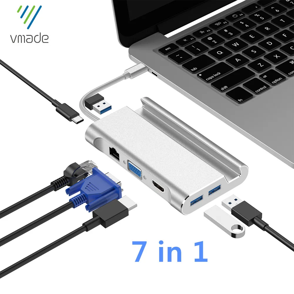 

7-in-1 mobile phone holder USB C HUB Type C to HDMI-compatible Adapter Dock VGA and 1000M Rj45 for MacBook Pro USB-C 3.0 Hub
