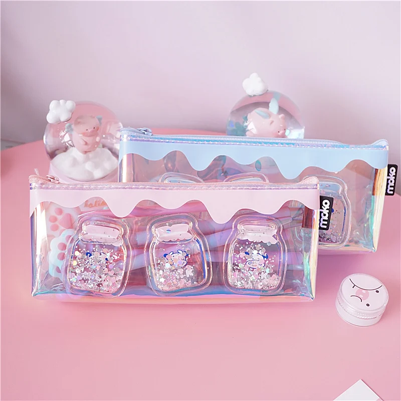 

1Pcs Kawaii Transparent Into The Oil Laser Girl Pencil Case Cosmetic Bag Large Capacity Stationery Box School Supply Stationery