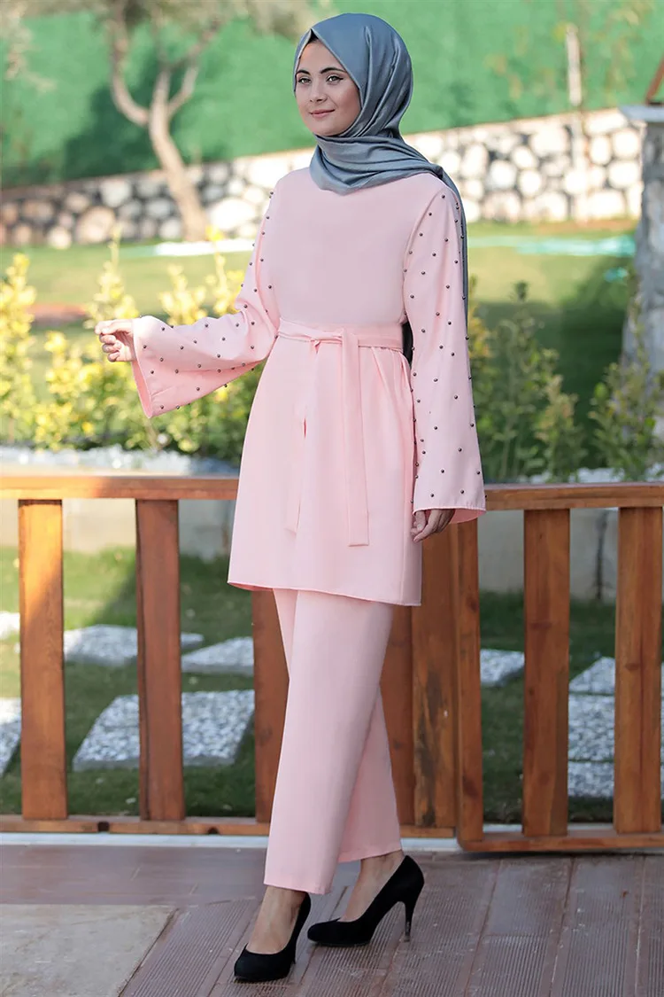 

Kaftan Abaya Dubai Turkey muslim sets islamic Clothing tops+ pants outerwear suits fashion simple fresh Muslim lace dress suits