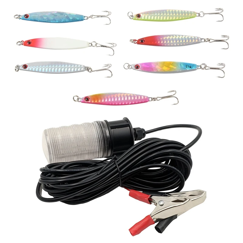

7Pcs Jigs Fishing Lures Sea Crankbaits Fish Tackle 7cm & 1 Pcs 12V Led Green Underwater Submersible Night Fishing Light