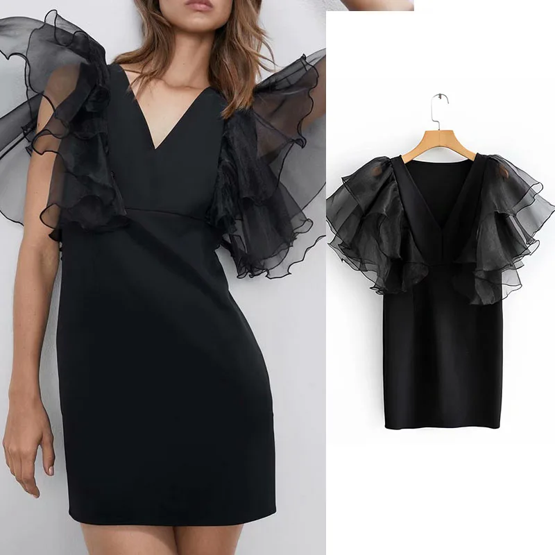 Женское Сетчатое платье с рюшами Черное мини V образным вырезом и рукавами