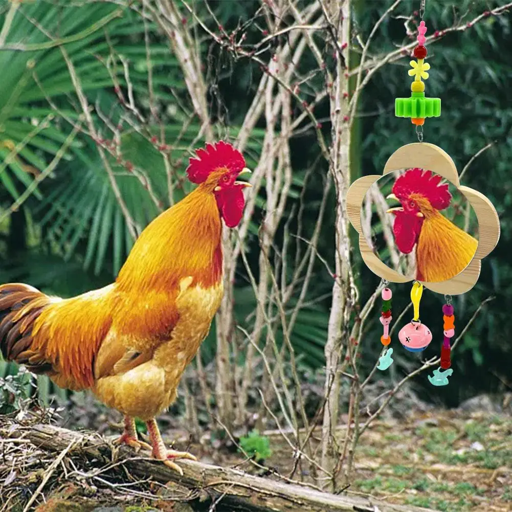 

Chicken Toy Hanging Chicken Mirror Toy Bird Hanging Toys With Bell Wooden Pecking Toy For Chicks Hens Coop Wholesale