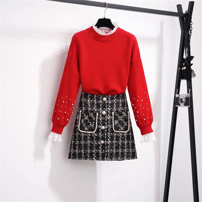 CBAFU кружевной лоскутный красный вязаный свитер + жемчужные пуговицы клетчатая