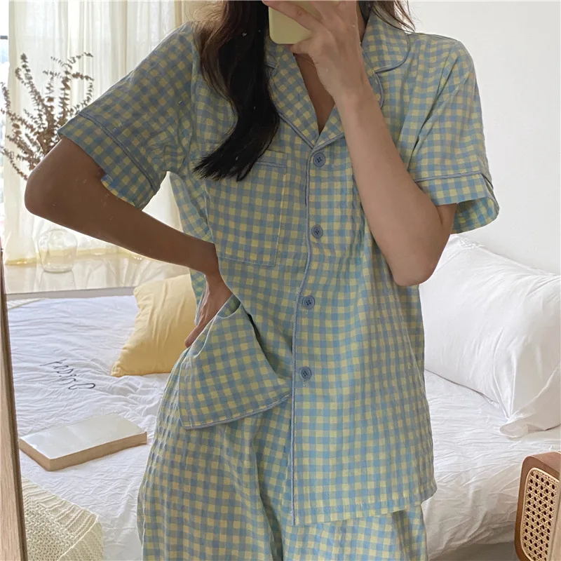 2021 Summer New Korean Lovely Plaid Pajamas Women's Short Sleeve Trousers Nightwear Suit Home Wear Sleep Wear Turn-down Collar