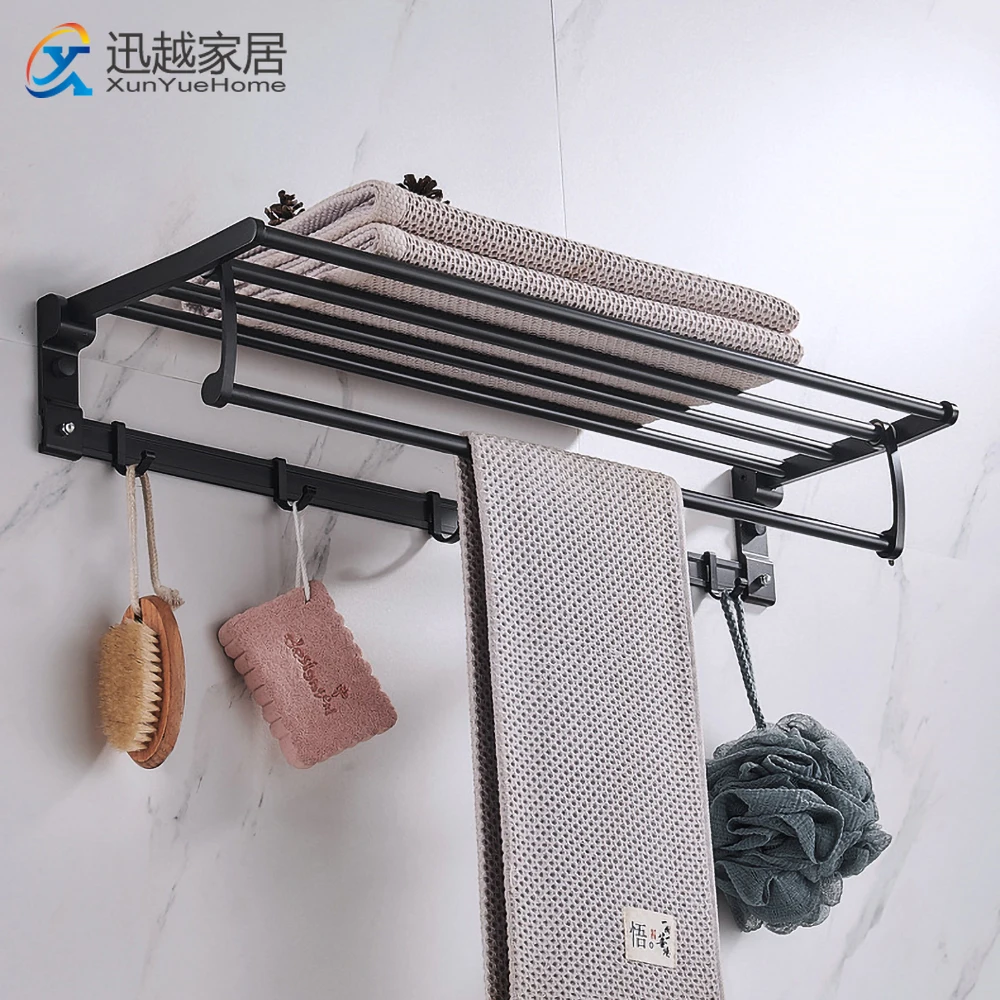 

Towel Rack Double-Layer Shower Holder Bathroom Accessories Fold Wall Organizer Hook Hanger Matte Black Aluminum Storage Shelf