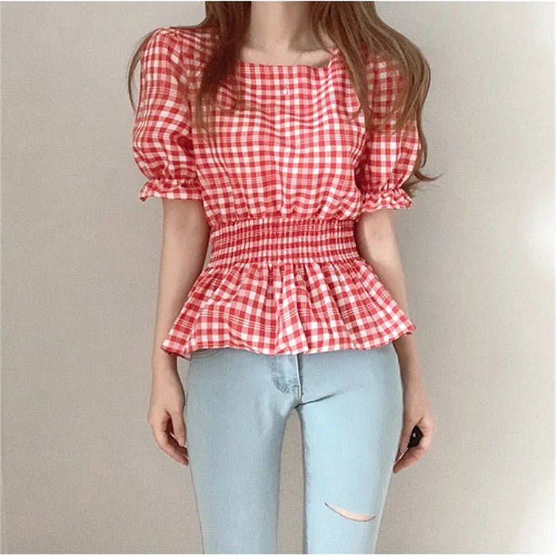 

2021 Summer Chic Candy Color Ruffles T-shirt Women Kawaii Vintage Plaid Square Collar Shirt Sweet Slim Elegant Blusas T-shirt