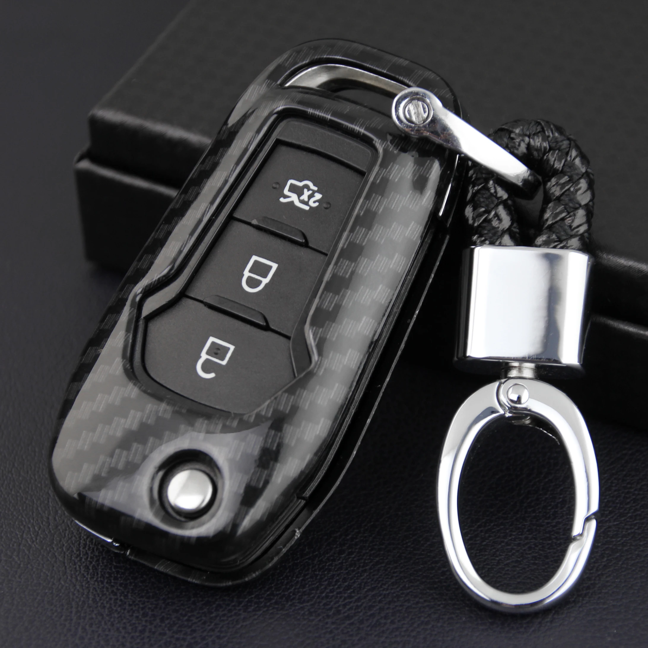 

Car Flip Key Fob Chain For Ford Explorer Ecosport F-150 F-250 Mondeo Ranger Carbon Fiber Hard Shell Case Cover Holder Ring