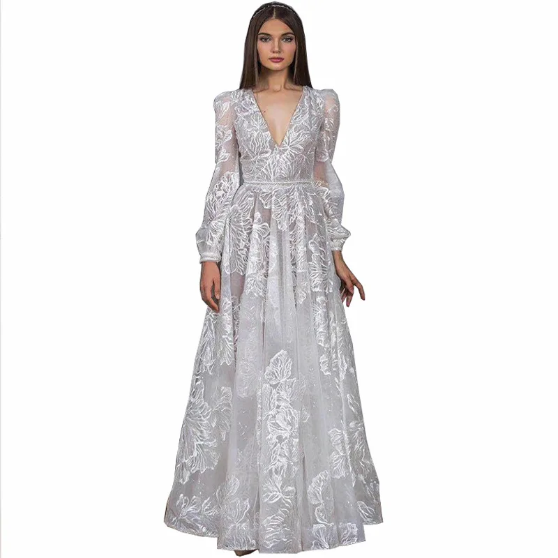 

European women's Pearl embroidered dress popular lace embroidered wedding dress evening dress cross border banquet dress