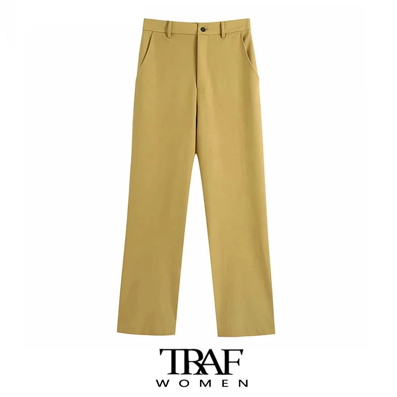 

TRAF Za Women Fashion Office Wear Side Pockets Wide Leg Pants Vintage High Waist Zipper Fly Female Trousers Mujer