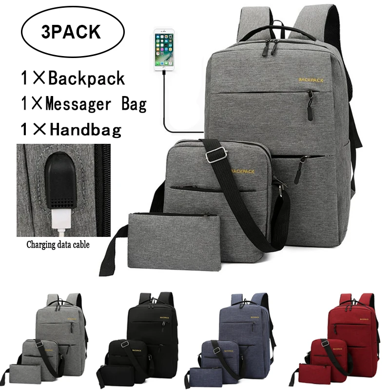 

3pcs/set Men's Backpack USB Charging Laptop Back Bag Light Waterproof Travel Shoulder Bag Casual Student Schoolbag Trendy 2021