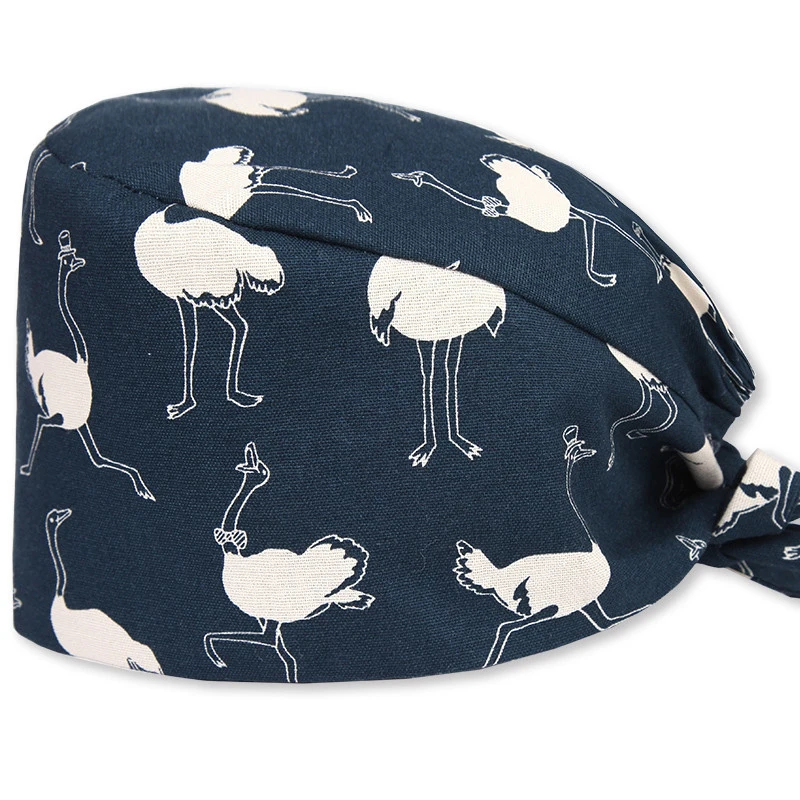 

Black Scrub Caps Nursing PET Shop Hat Ostrich Print 100% Cotton Cooking Chef Skull Dental Cap Round Top Turban hats Women