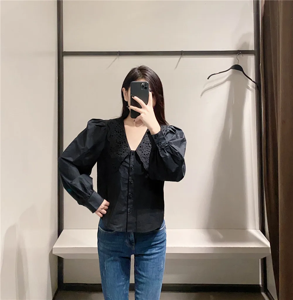 

2021 popular spring new women's shirt cute embroidery collar puff sleeve long sleeve retro elegant casual women's blouse