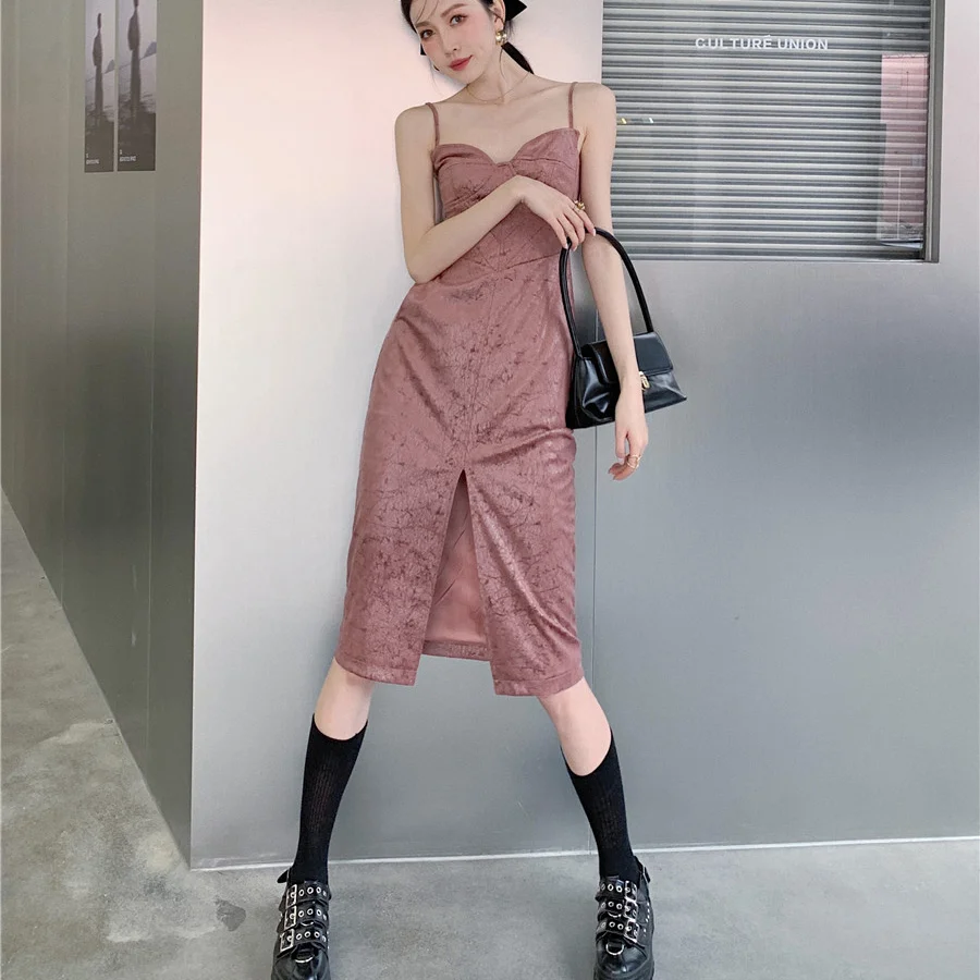

Kimotimo Women Dress Spring 2021 New PU Leather Sleeveless Print Split Fork Sling Dress Korean Chic Vintage Elegant Fashion