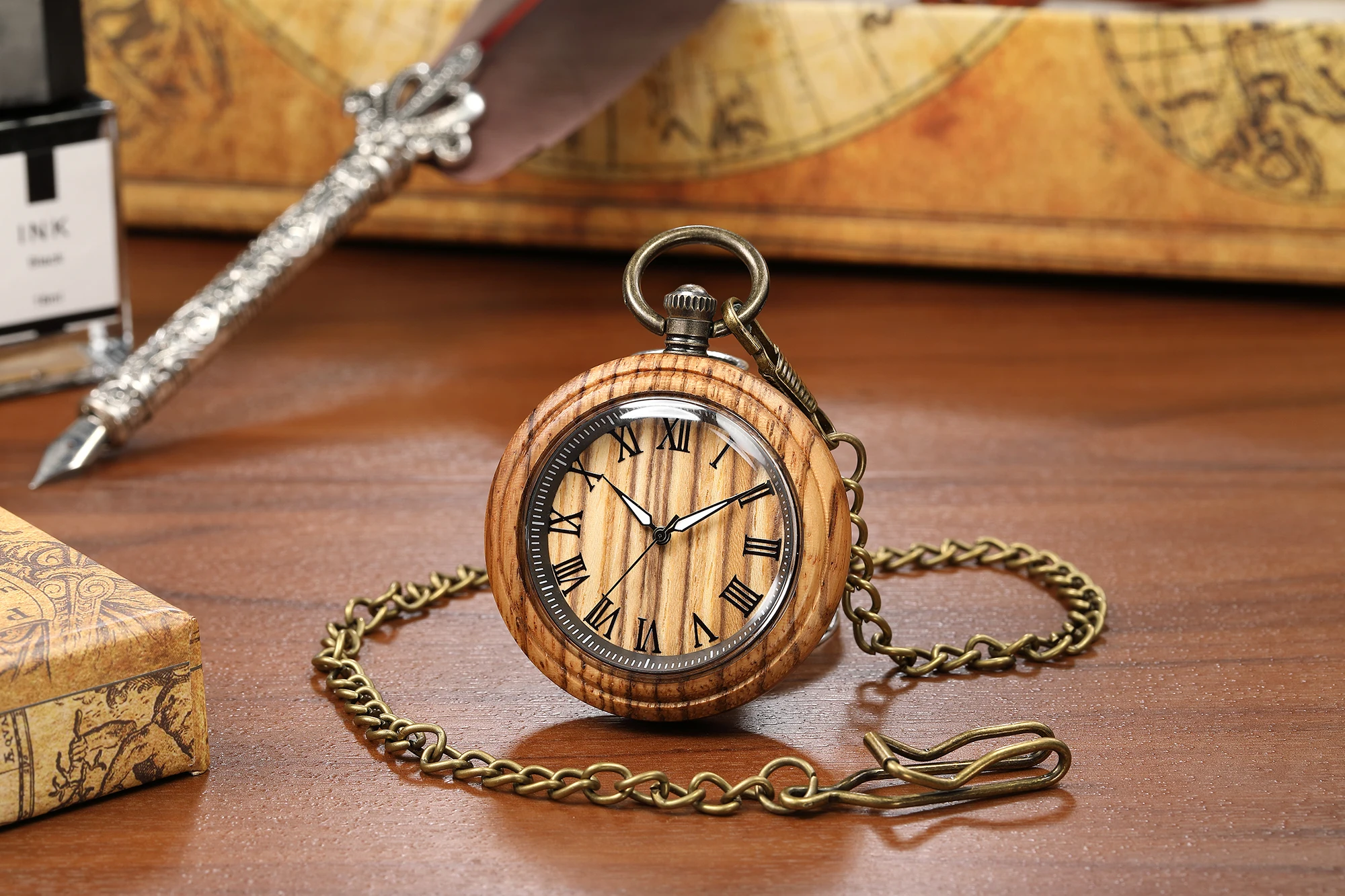 New Style Solid Wood Case Pocket Watch Movement Antique Bronze Clock Chain Romans Necklace Pendant for Men Women Box Package
