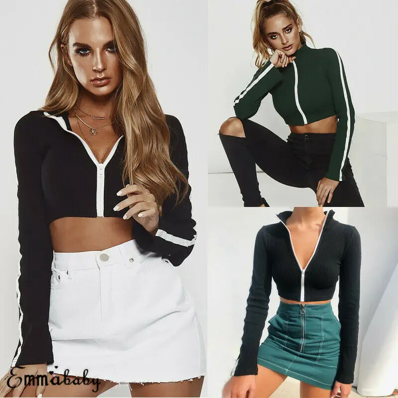 

2019 Women Long Sleeve Crop Tops Solid Turtleneck Pullover Zip Up Casual SportLady Hoodies Jumper