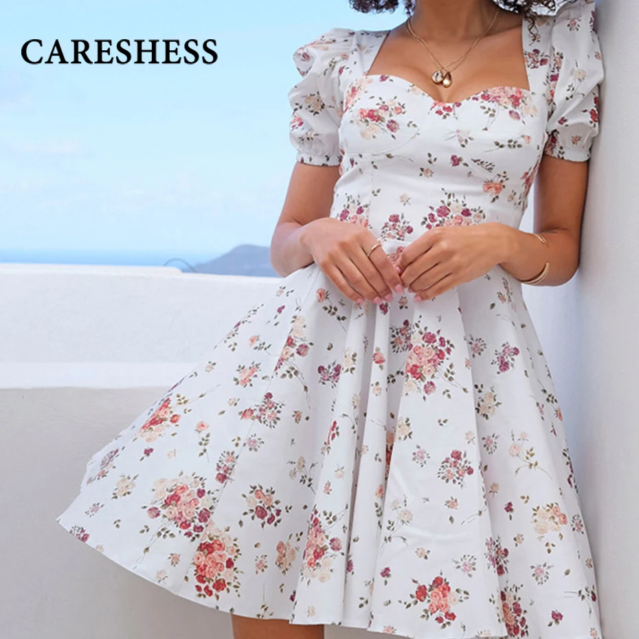 

CARESHESS French Romance Retro Sexy Low Cut Vacation Dresses Women Casual Floral Print Lace Up Puff Sleeve Side Slit Midi Dress