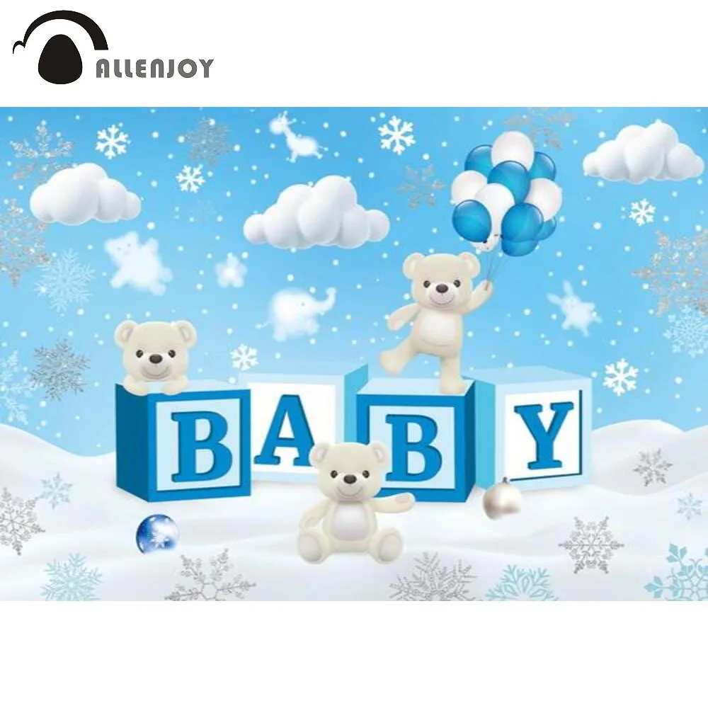 

Allenjoy Winter Baby Shower Backdrop Cute Bear White Snow Decor Boy Girl Blue Photography Background Banner Photo Booth Supplies