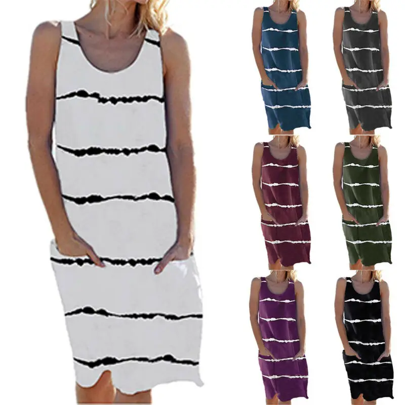 

Womens Ladies Crew Neck Summer Casual Knee Length Dresses Sleeveless Tank Dress