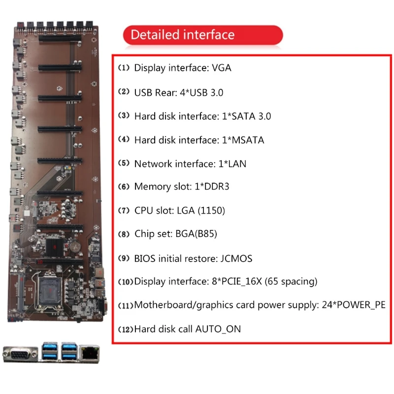 

Onboard B85 BTC Mainboard Chipset VGA HDMI 8-GPU Bitcoin motherboards for miner 8PCI-E Mining Mainboard