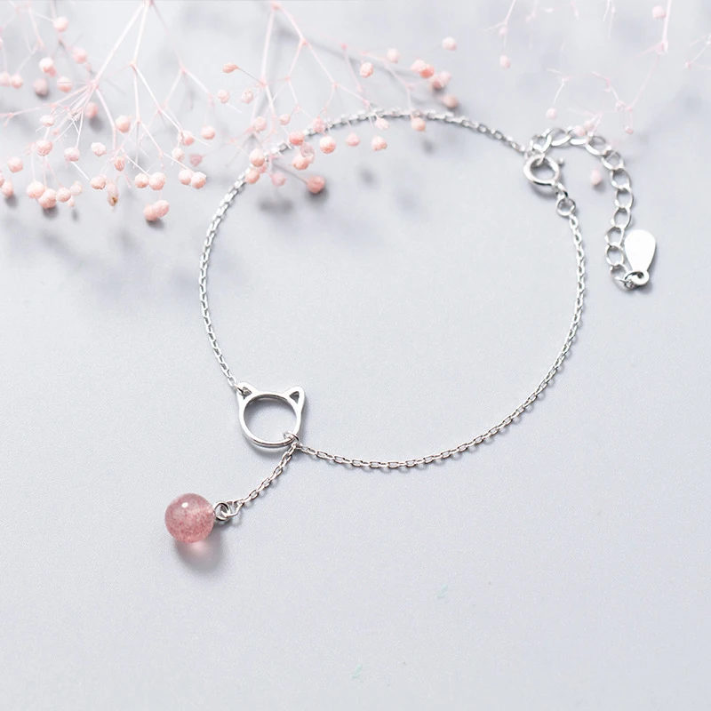 Браслет из серебра 100% пробы с котом и клубничным кристаллом|Гибкие жесткие