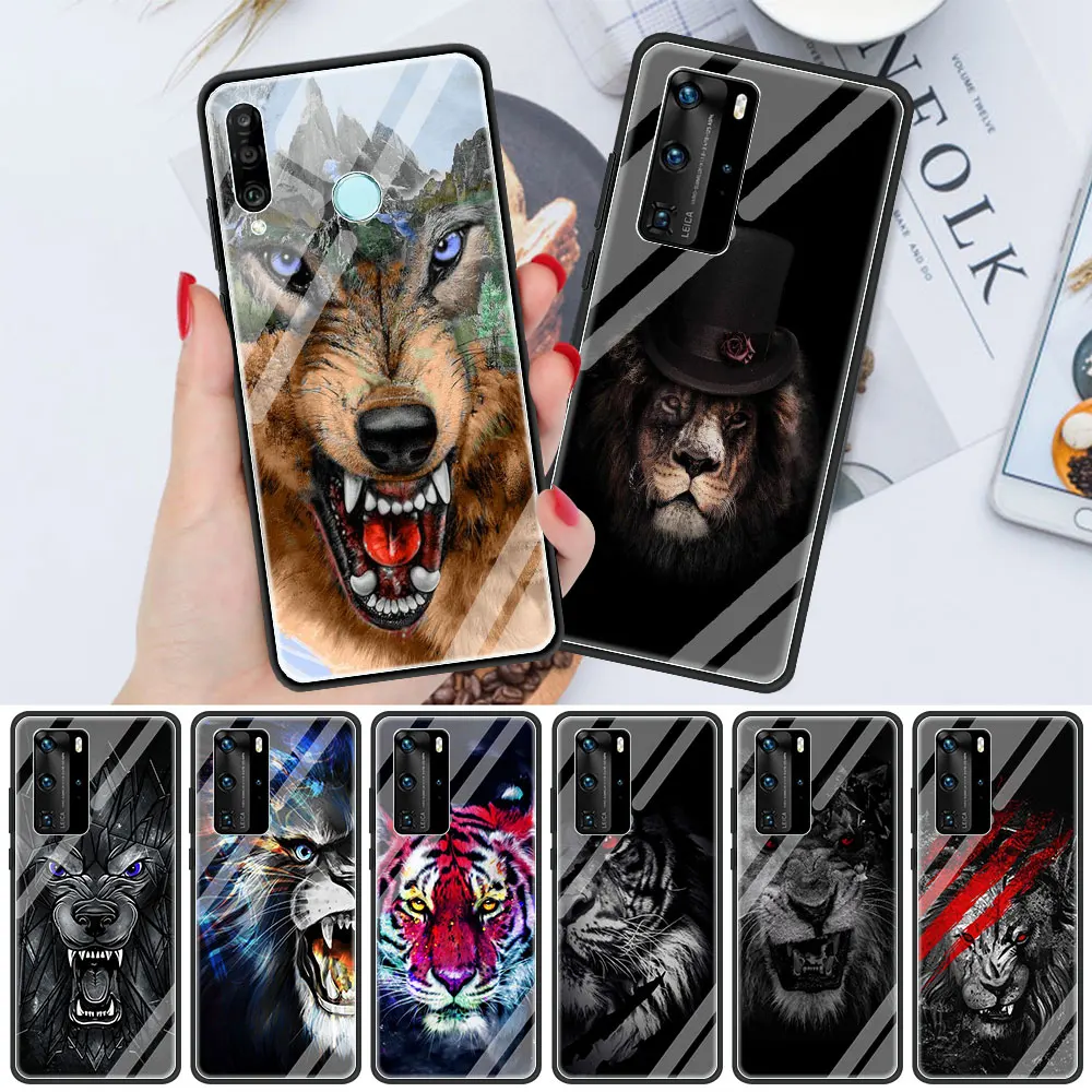 

Lion,Wolf, Tiger, Leopard Soft Edge Phone Case for Huawei P30 P20 P10 Lite P40 Pro P Smart Z 2021 Luxury Tempered Glass Shell