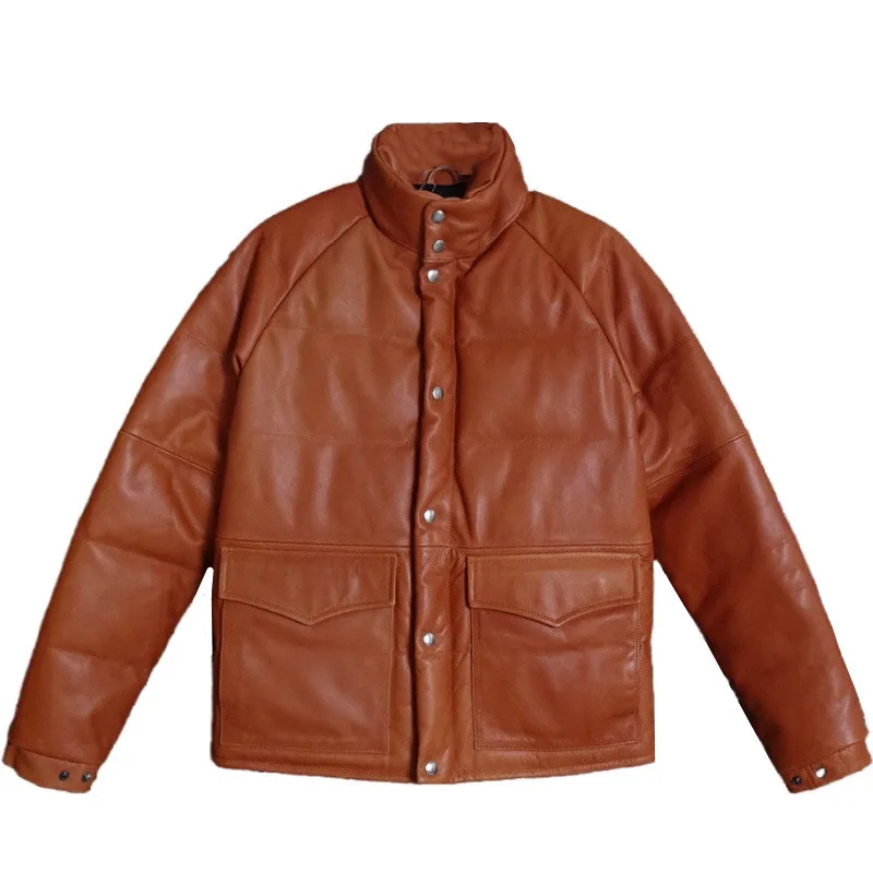 

Oil-Wax Uncoated Top Layer Cowhide Orange Color Stand Neck Coat Men White Duck Down Genuine Leather Jacket Puffy Warm Winter