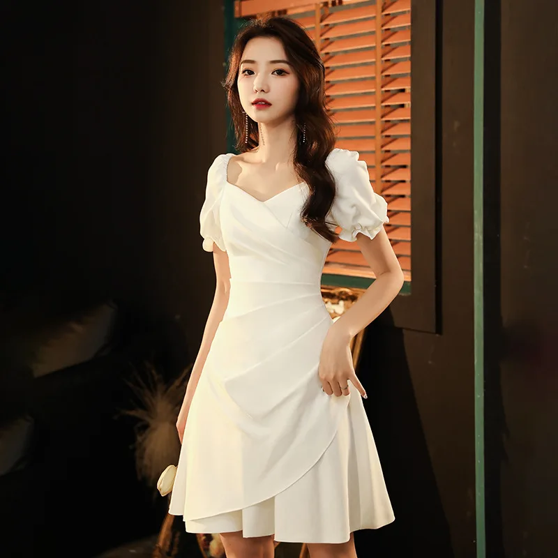 

Lantern Sleeve V-Neck Cheongsam Folds White Sexy Qipao Pleated Formal Party Dress Gown Short Exquisite Zipper Vestidos De Festa